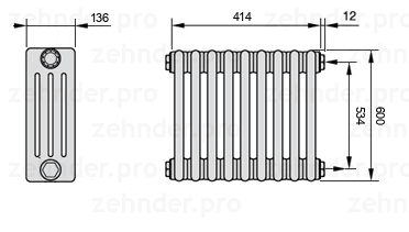Схема (чертеж) Радиатор Zehnder Charleston 4060/9 №7610 Белый глянцевый RAL 9016